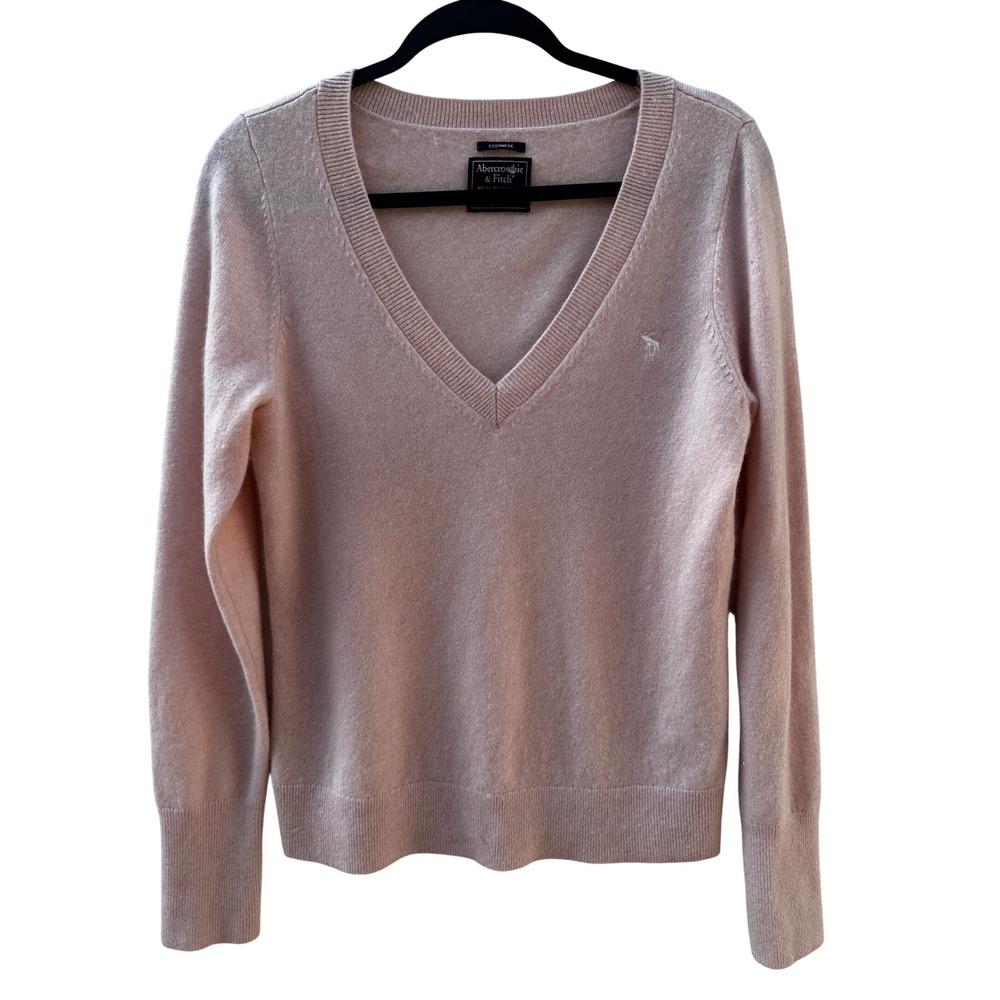 Abercrombie & Fitch Women 100% Cashmere V-Neck Sweater Pink Logo Moose Medium